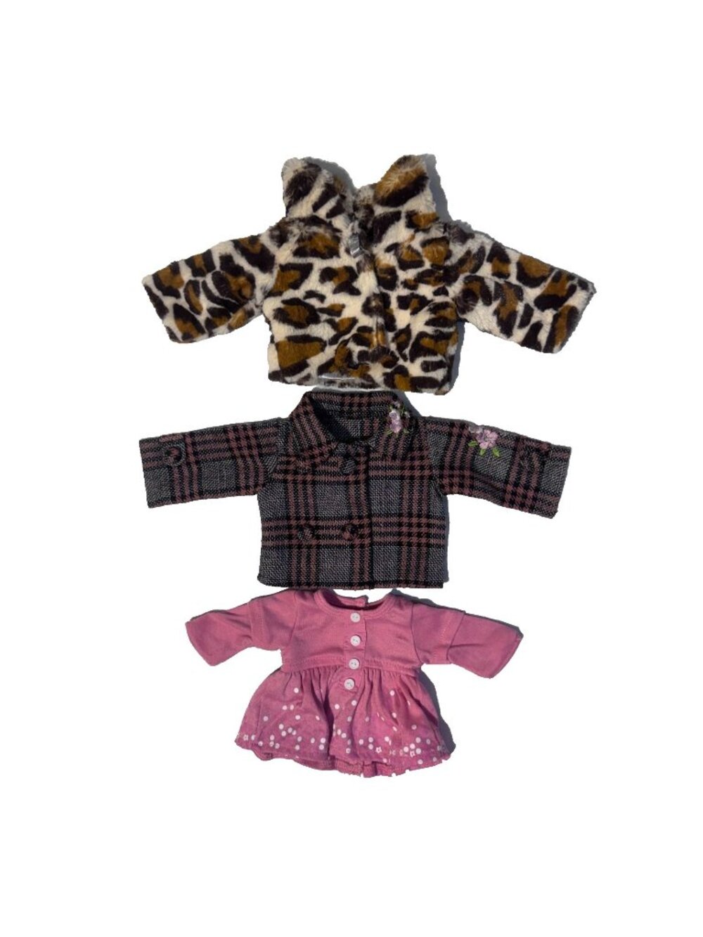 Wish 18" Doll Clothes Lot Leopard Jacket Plaid Shirt Pink Dress Outfit